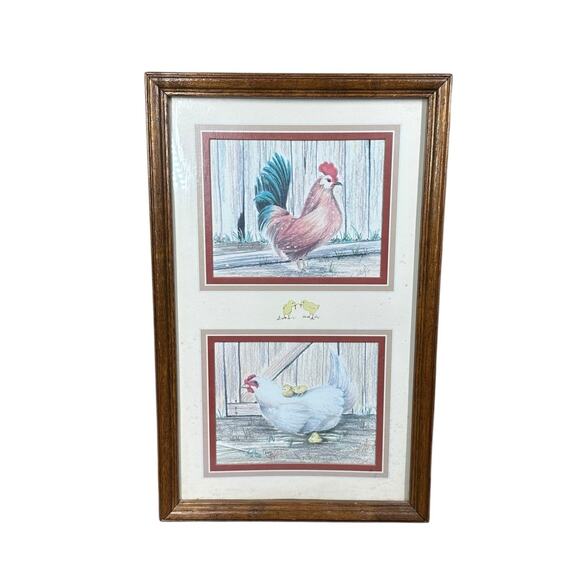 Vtg 80s 90s Kathleen Casey Farm Print Framed Chicken & Rooster Country Art 16x10
